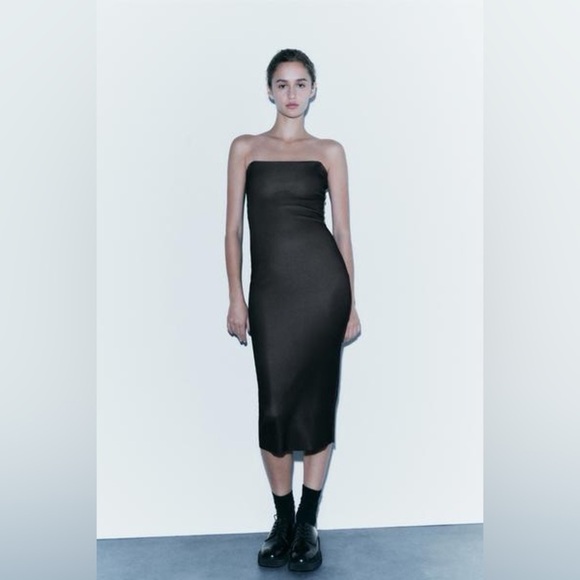 Zara Long Black Strapless Bodycon Dress - Picture 1 of 5